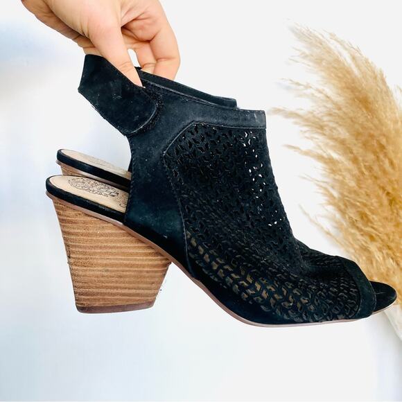 VINCE CAMUTO Black Leather Cutout Slingback Open Toe Sandals Chunky Heel Shoe 10 - Picture 8 of 14